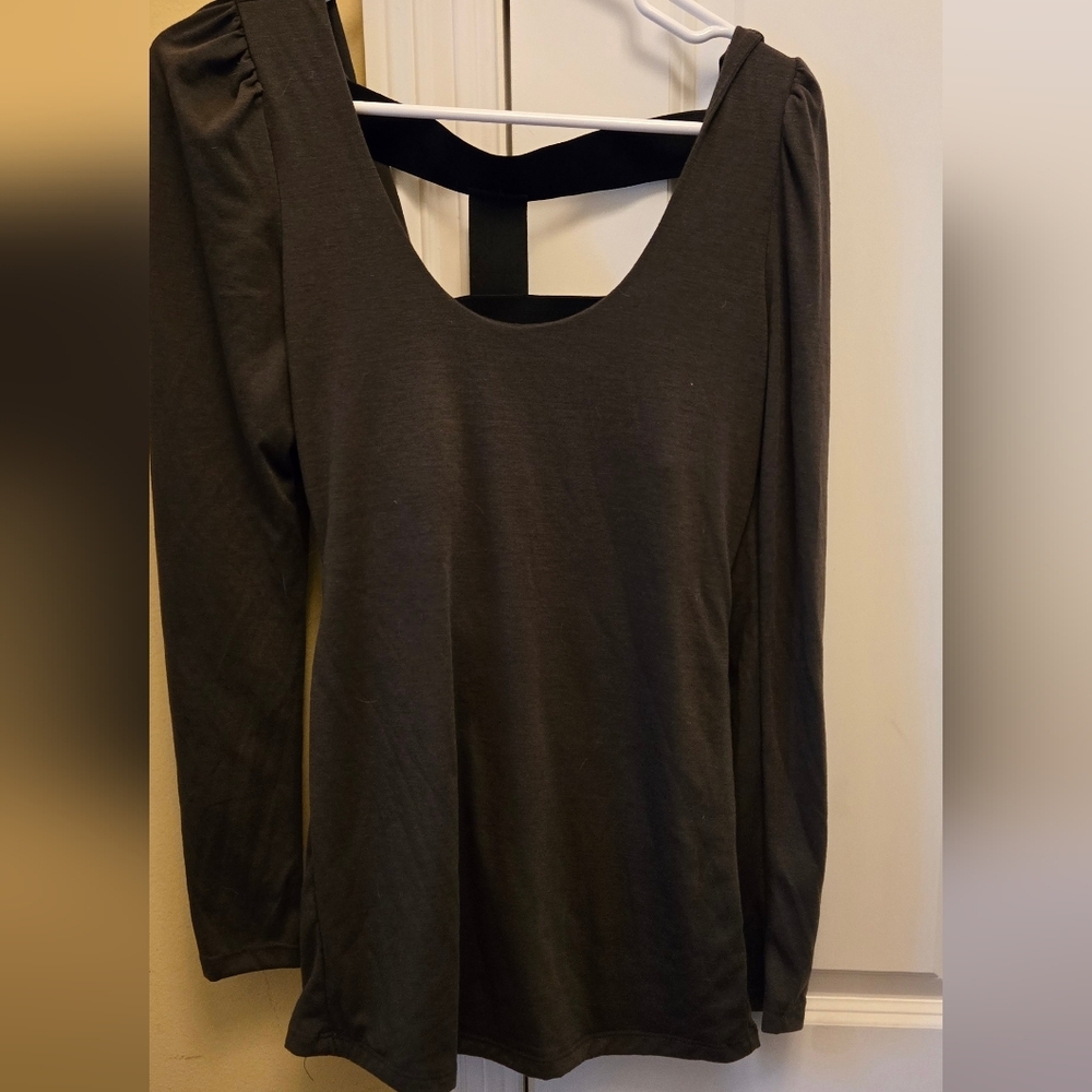 VENUS Womens Army Green Long Sleeve Backless With Black Strap Blouse Y2k